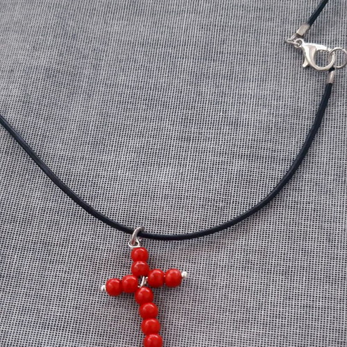 Elli cross with natural red coral and black genuine leather strap, new