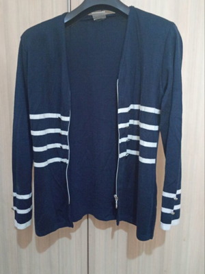 Kikis blue navy cardigan with white stripes and decorative buttons, like new size M