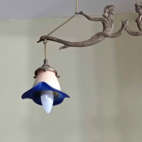 Solid brass two-light ceiling lamp with counterweight and handmade glass