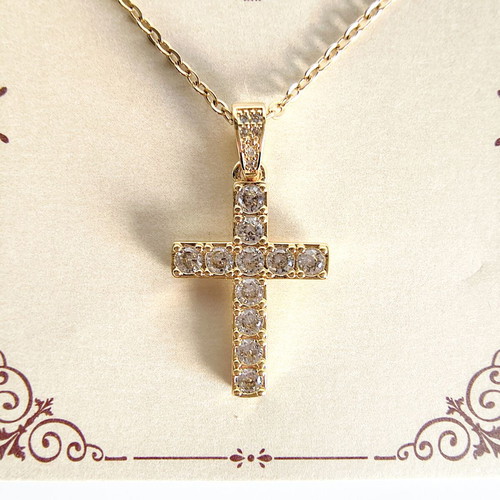 Cross pendant new, gold plated stainless steel with zircon stones