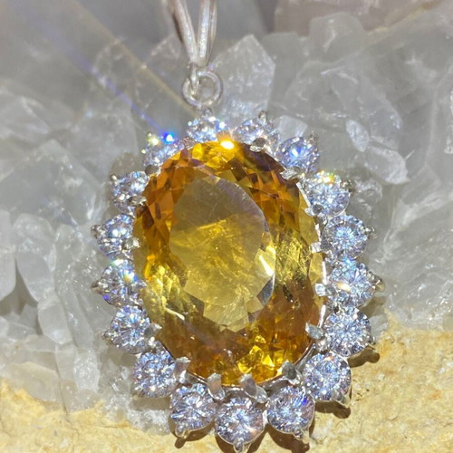 Silver pendant with large cut citrine stone and moissanites, new