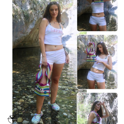 Knitted shoulder bag new, colorful with 3D flowers and butterflies