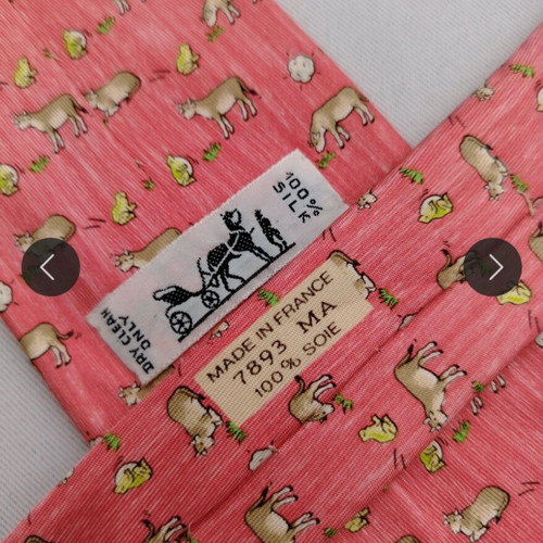 Hermes Paris 7893 MA silk tie used, pink with frog and cow pattern