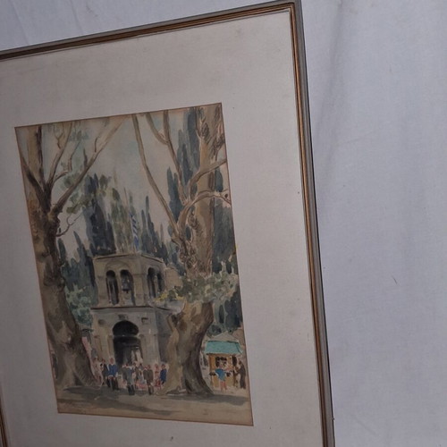 Evangelos Klonaridis Signed Watercolor Greek Festival Monastery Scene