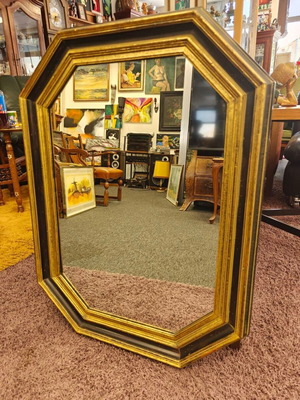 Vintage octagonal wall mirror used, solid wood frame black and gold
