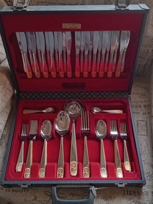 Cutlery set with gold inox knives and spoons in case new