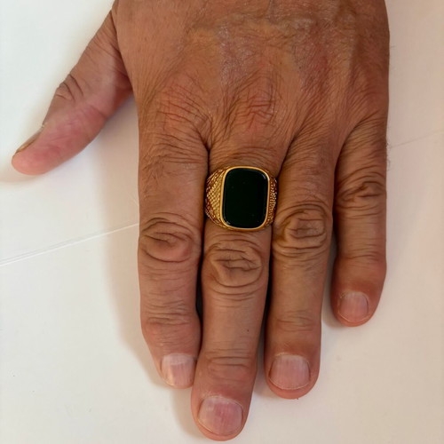 Black Onyx Style Signet Ring gold plated 316L stainless steel US size 12