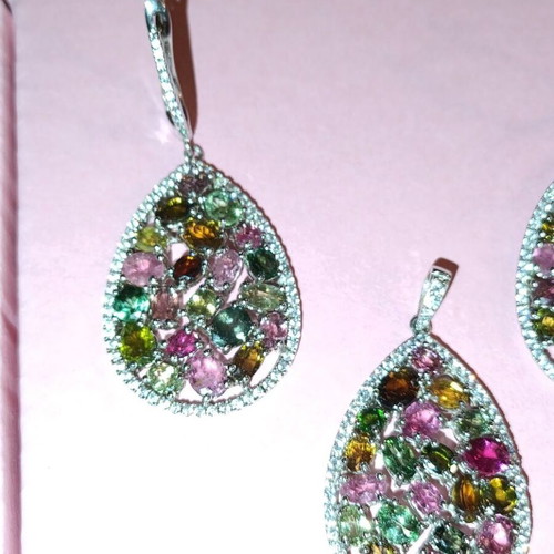 Silver 925 jewelry set with natural multicolor tourmaline, like new