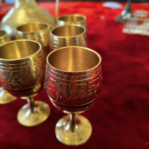 Vintage Oriental Brass Serving Set with Pitcher & 6 Cups