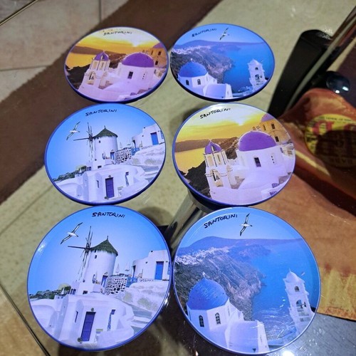 Santorini metal coasters new, set of 6 with cork