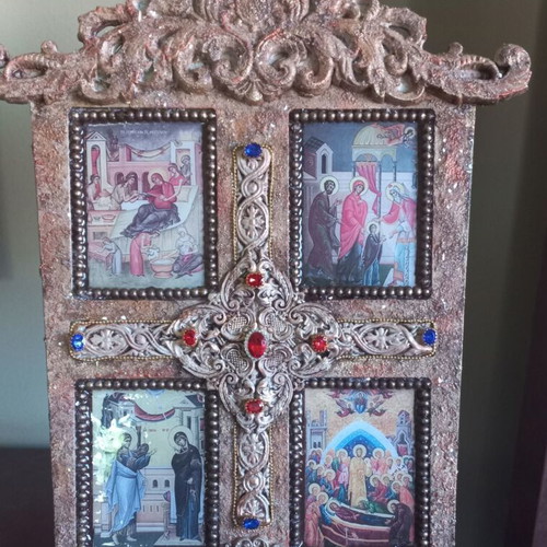 Handmade wooden icon new, earthly life of Theotokos 35×24 cm