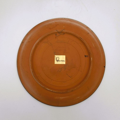 Handmade painted ceramic plate used, numbered Nikolas
