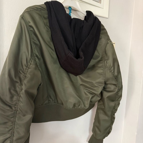 Bomber jacket khaki oil like new with detachable hood size Large