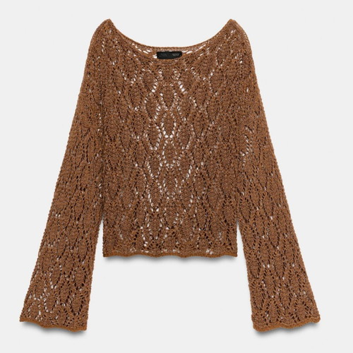 Zara brown knit sweater with bell sleeves and openwork pattern