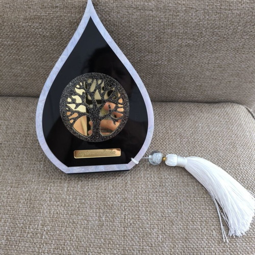 Decorative ornament with love and blessing, wood and acrylic