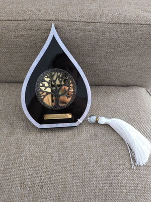 Decorative ornament with love and blessing, wood and acrylic