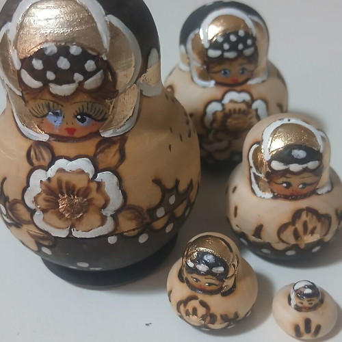 Handmade Wooden Russian Matryoshka Doll Set of 5 with Gold Details
