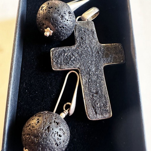 Vintage silver cross and lava stone earrings set with mother of pearl
