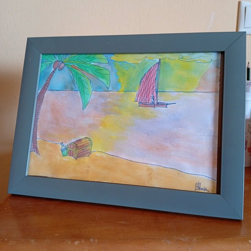 Original Watercolour Art Tropical Paradise with Frame