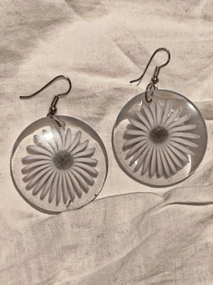Round transparent earrings with white and silver flowers like new