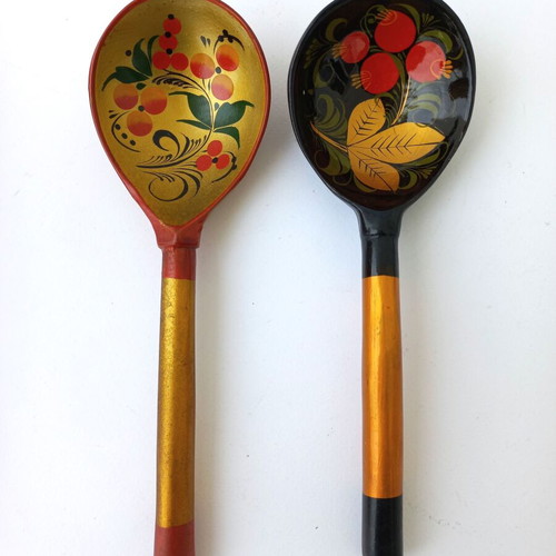 Set of 2 small Russian Khokhloma spoons like new, hand-painted wood