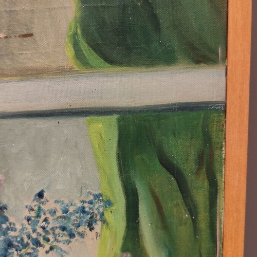 Oil painting on canvas used, flowers in window with wooden frame
