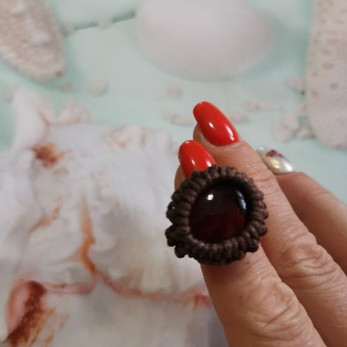 VINO ring with artificial macrame and glass stone, handmade
