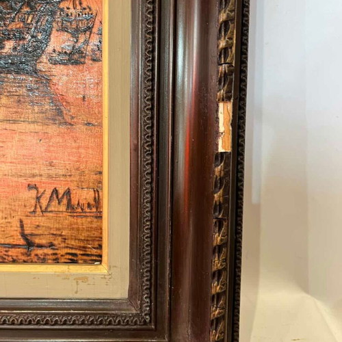 Vintage pyrography wall frame with naval battle scene, artist signed, 50x60