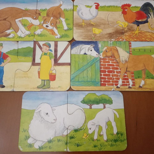 Educational set of 9 mini puzzles used, farm animals