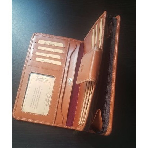 Buchetta Firenze Leather Wallet New, Tan and Bordeaux Suede