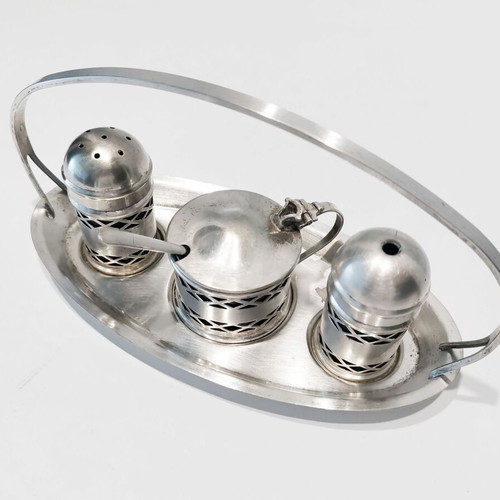 English vintage three-piece salt and pepper set used, silver-plated