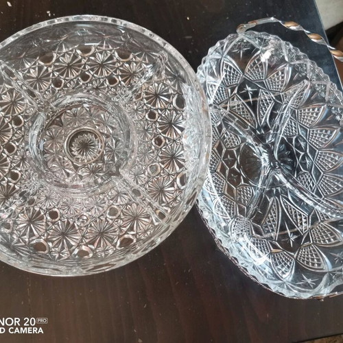 Vintage crystal serving platters with dividers, one with silver base, new