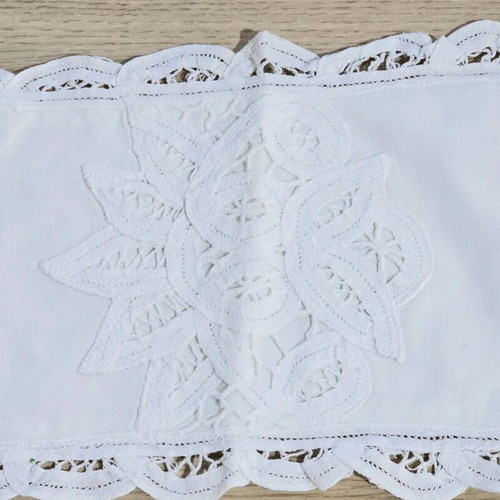 White handmade lace with cutwork embroidery and floral motif like new