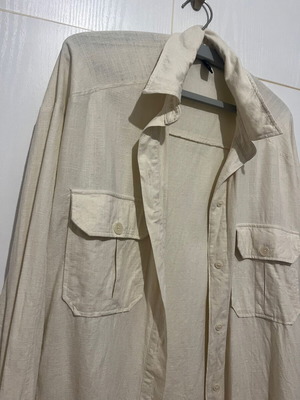 H&M Linen Shirt Small Oversize Summer Beige Cream Utility Pockets Like New