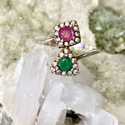 Handmade silver ring with natural pink tourmaline, emerald and moissanite