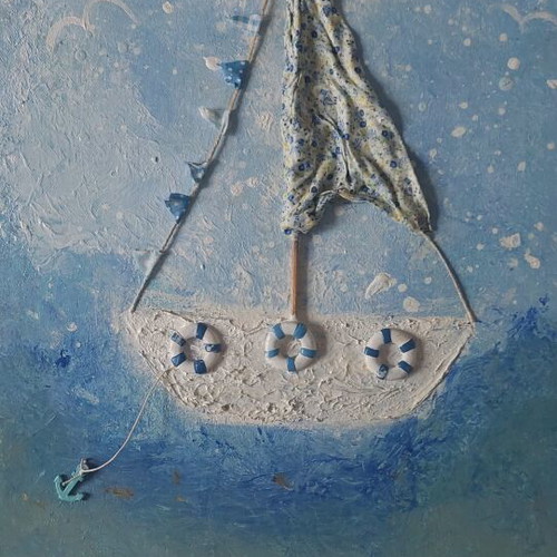 Handcrafted embossed painting with sailboat nautical theme used