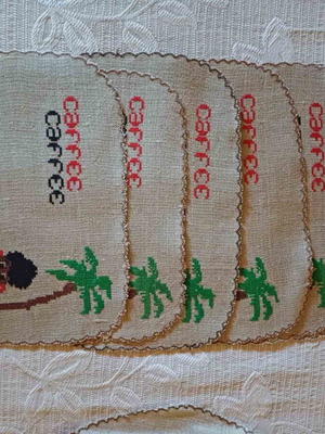 Handmade coffee serving set with embroidery on linen base