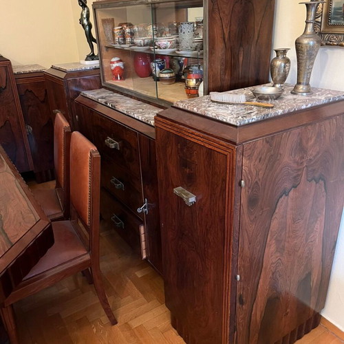Art Deco dining set used with table, 6 chairs, sideboard and marble cabinets
