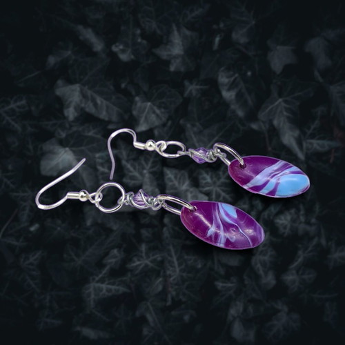 Oval earrings new with purple-blue marble effect, hypoallergenic