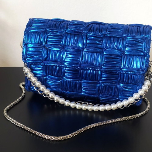 Shoulder Bag Electric Metallic Blue New with Pearl Strap and Silver Chain
