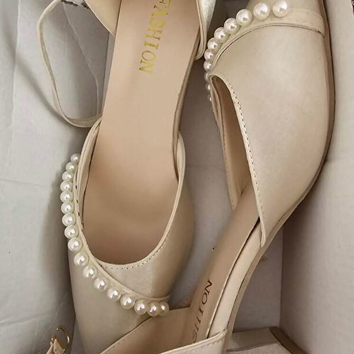 Fashion Icon wedding pumps new, beige satin with pearls