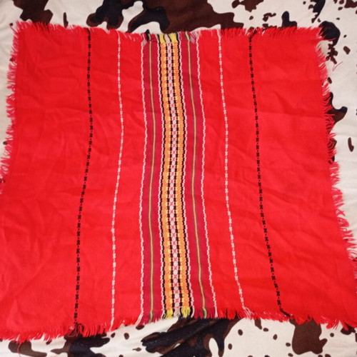 Folk tablecloth used, square soft with traditional Bulgarian motifs and fringes
