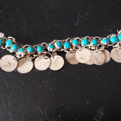 Antique children's talisman with Turkish coins and turquoise stones used