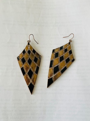 Vintage Boho Rhombus Drop Earrings Gold and Black Enamel