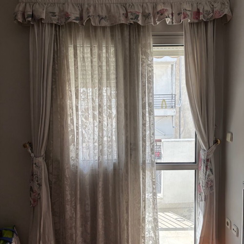 Curtain set used, 5 pieces with floral embroidered sheer and blackout curtains
