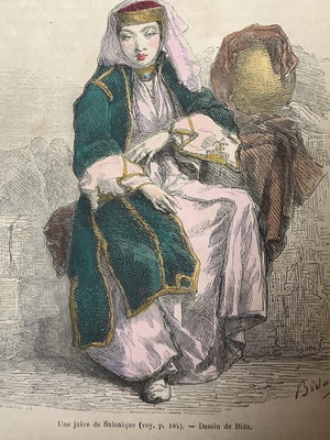 Jewish Daughter of Thessaloniki with Colored Pitcher Woodcut Used