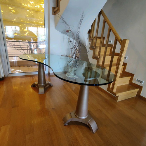 Oval table used, handmade construction, solid wood base