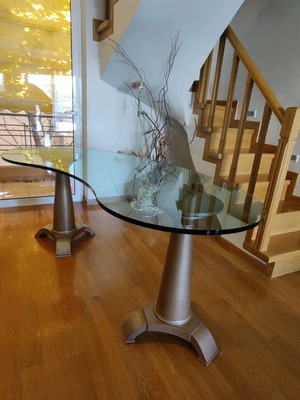 Oval table used, handmade construction, solid wood base