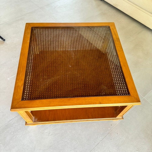 Rattan table used, walnut and glass