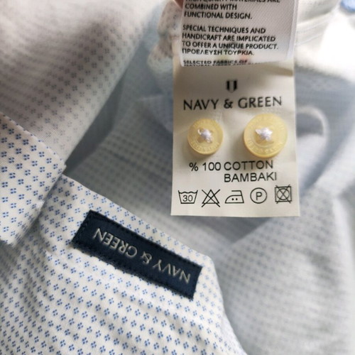 Navy & Green men's shirt white with blue pattern, new, size S